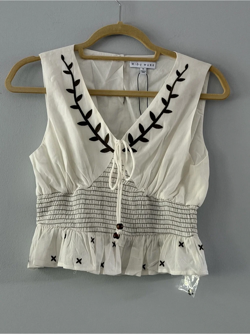 Miou Muse Crème and Olive  Boho Embroidered Sleeveless Smocked Top